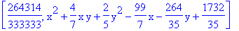 [264314/333333, x^2+4/7*x*y+2/5*y^2-99/7*x-264/35*y+1732/35]